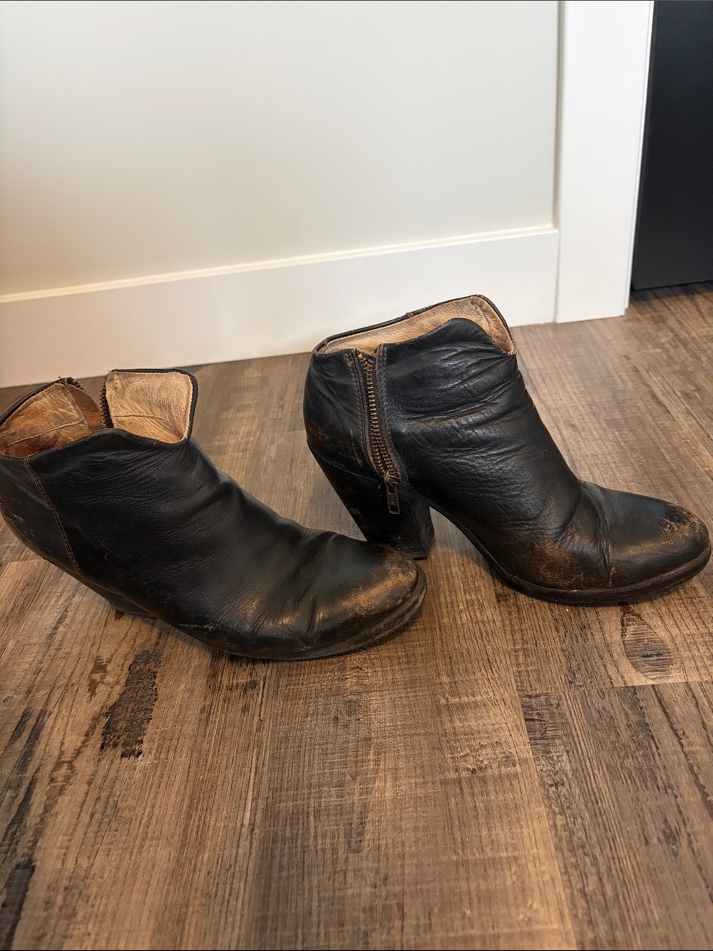 Distressed Black Leather Women's Heeled Ankle Boots - soles redone